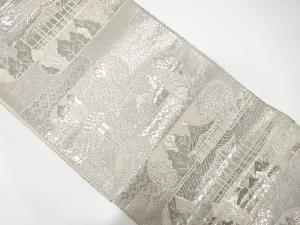 アンティーク　プラチナ箔　ヱ霞に寺院風景模様織り出し袋帯(材料)